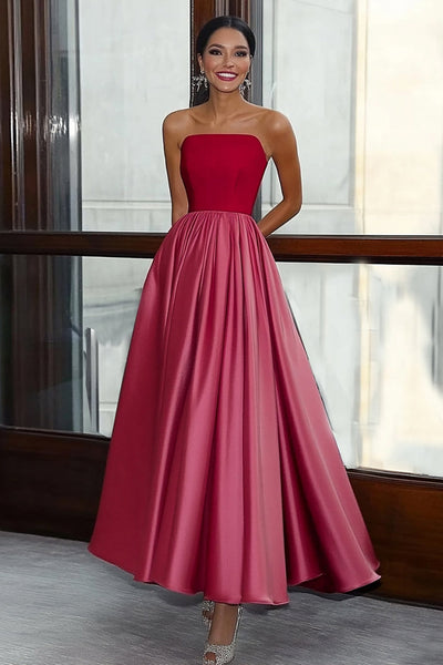 A Line Red Pink Strapless Satin Long Gala Dress