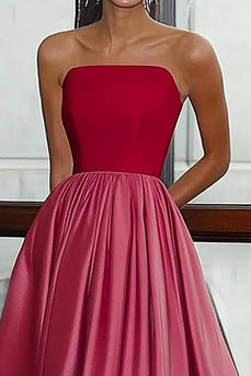 A Line Red Pink Strapless Satin Long Gala Dress