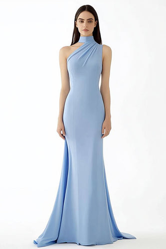 Light Blue Halter Sheath Crepe Long Gala Dress