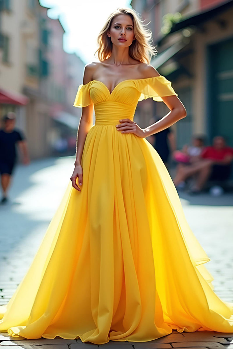 Load image into Gallery viewer, Yellow A Line Tulle Off the Shoulder Long Prom Dress