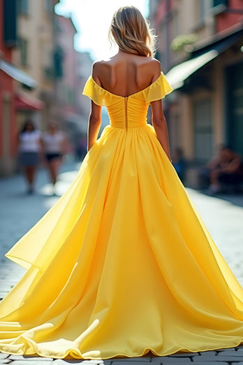 Yellow A Line Tulle Off the Shoulder Long Prom Dress