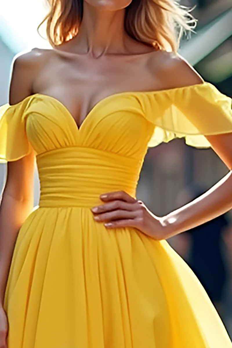 Load image into Gallery viewer, Yellow A Line Tulle Off the Shoulder Long Prom Dress