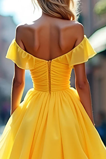 Yellow A Line Tulle Off the Shoulder Long Prom Dress