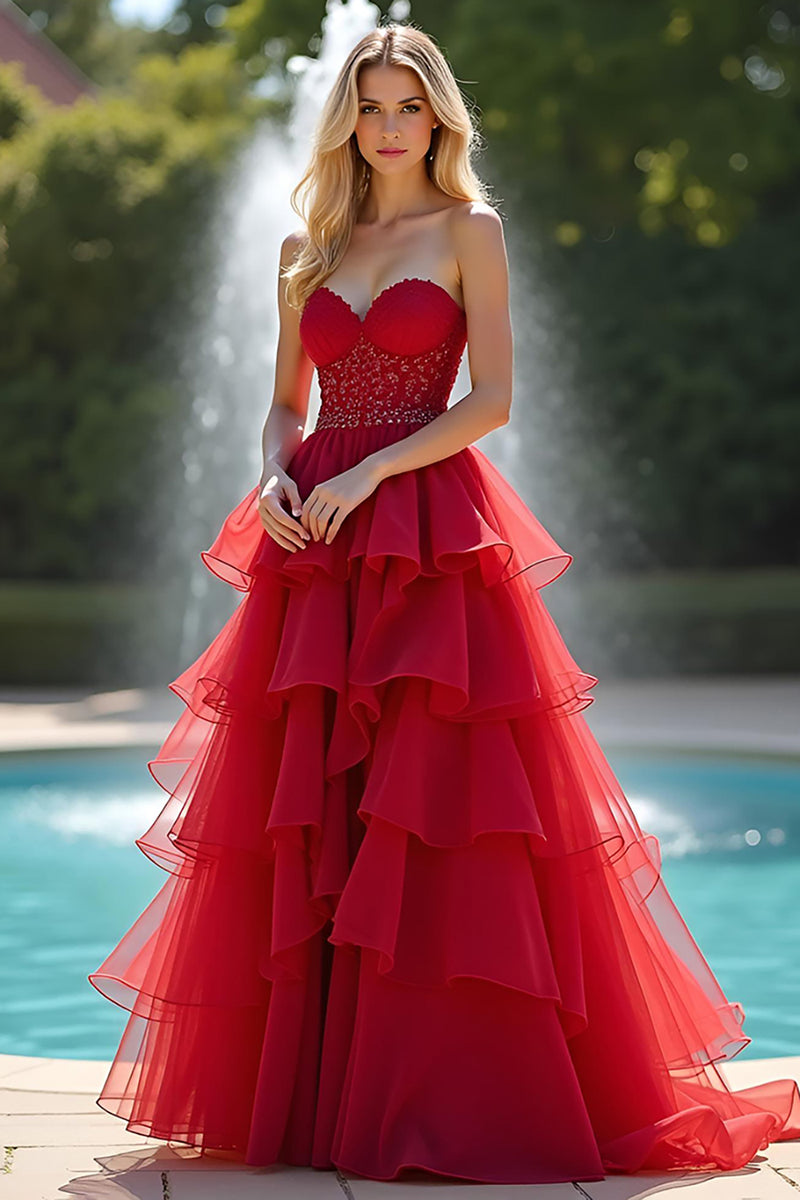 Load image into Gallery viewer, Sparkly Sweetheart Red A Line Tiered Long Prom Dress with Beading