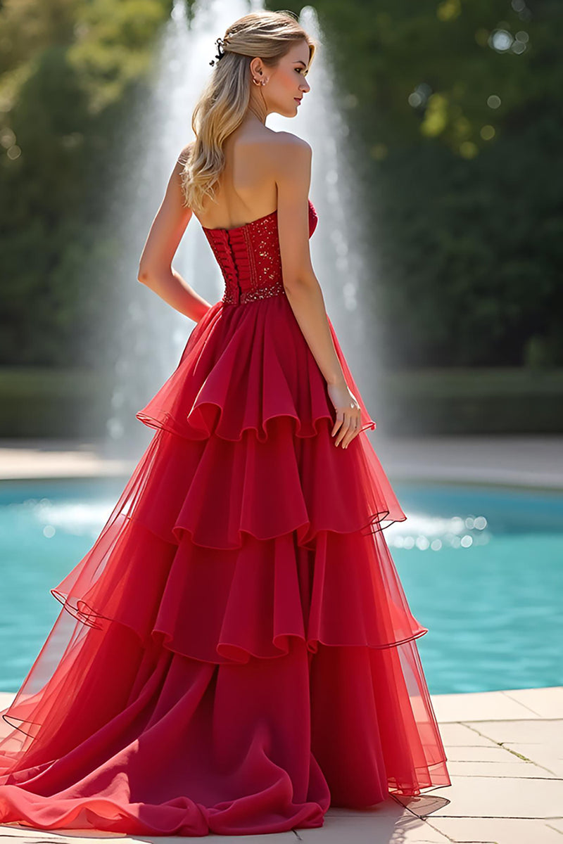 Load image into Gallery viewer, Sparkly Sweetheart Red A Line Tiered Long Prom Dress with Beading