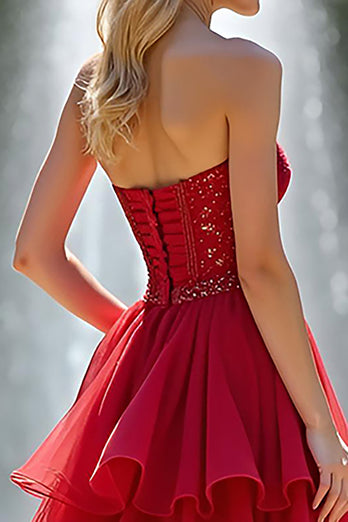 Sparkly Sweetheart Red A Line Tiered Long Prom Dress with Beading