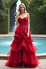 Load image into Gallery viewer, Sparkly Red A Line Tiered Long Tulle Prom Dress