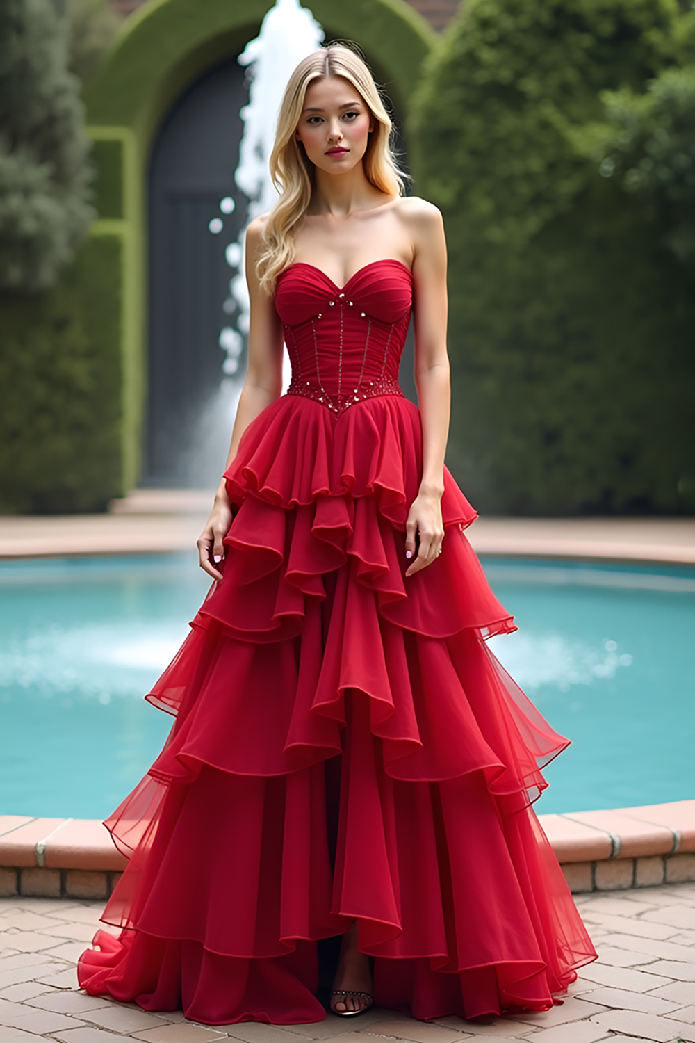 Sparkly Red A Line Tiered Long Tulle Prom Dress