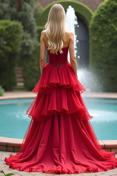 Sparkly Red A Line Tiered Long Tulle Prom Dress