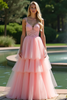 Load image into Gallery viewer, Pink V-Neck A Line Tiered Long Prom Dress with Lace Appliques