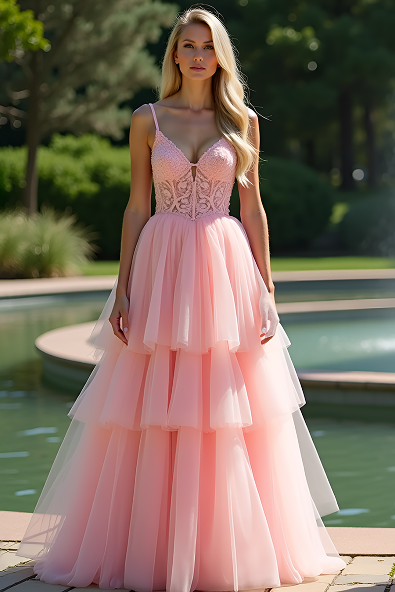 Load image into Gallery viewer, Pink V-Neck A Line Tiered Long Prom Dress with Lace Appliques