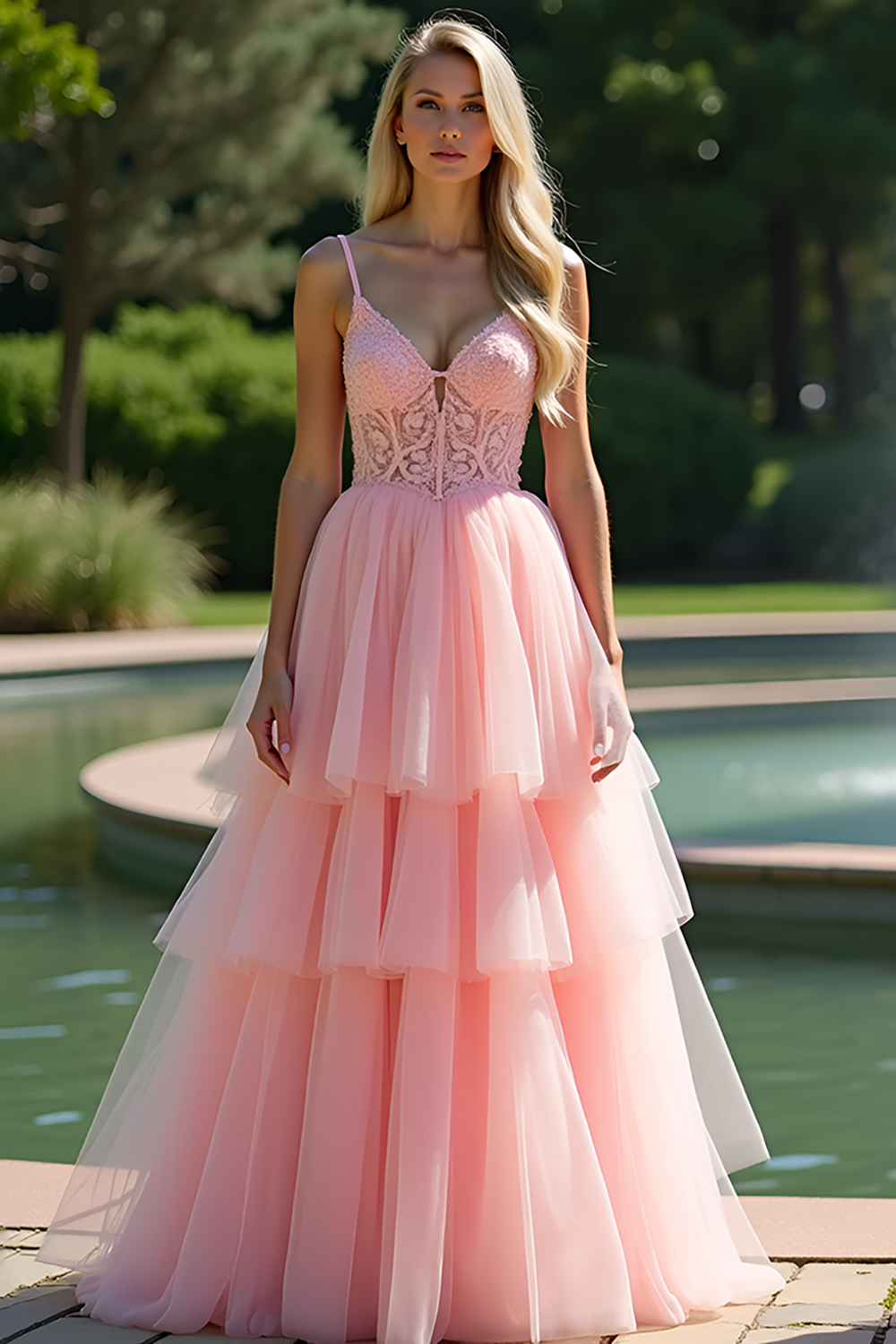 Pink V-Neck A Line Tiered Long Prom Dress with Lace Appliques