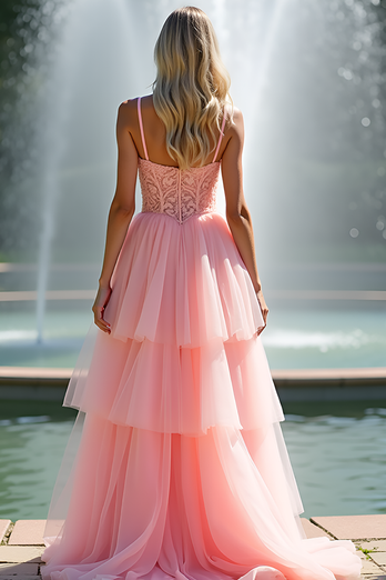 Pink V-Neck A Line Tiered Long Prom Dress with Lace Appliques