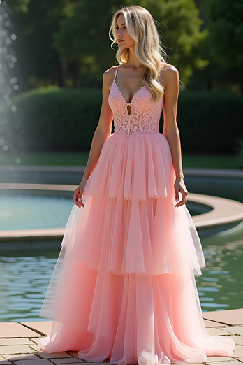 Pink V-Neck A Line Tiered Long Prom Dress with Lace Appliques