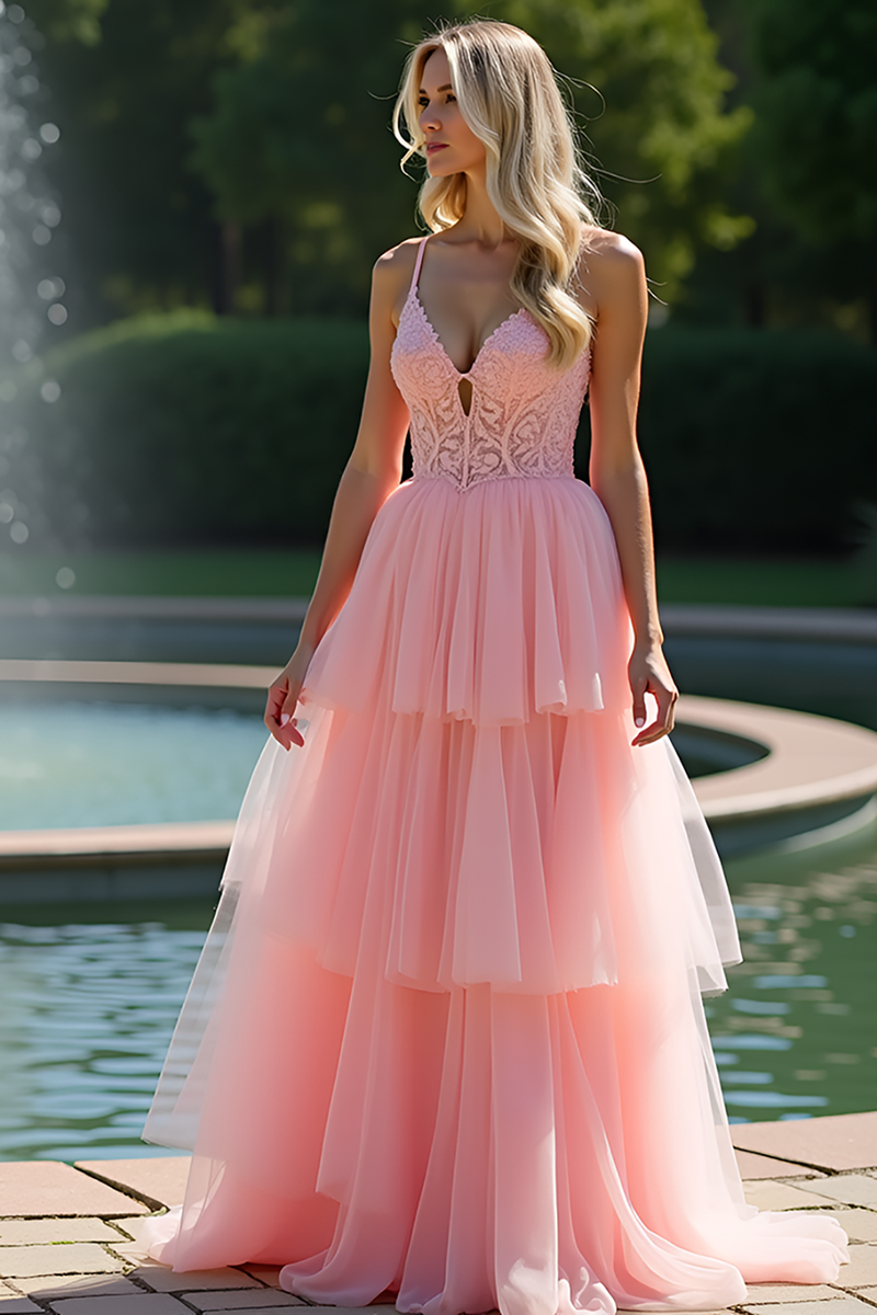 Load image into Gallery viewer, Pink V-Neck A Line Tiered Long Prom Dress with Lace Appliques