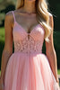 Load image into Gallery viewer, Pink V-Neck A Line Tiered Long Prom Dress with Lace Appliques