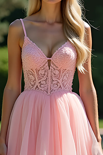 Pink V-Neck A Line Tiered Long Prom Dress with Lace Appliques