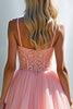 Load image into Gallery viewer, Pink V-Neck A Line Tiered Long Prom Dress with Lace Appliques