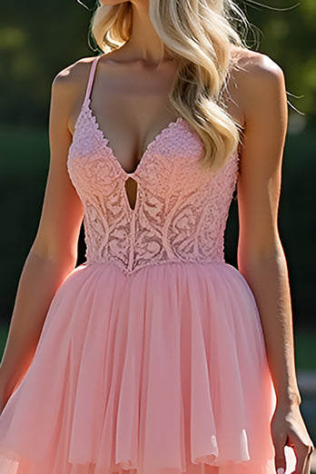 Pink V-Neck A Line Tiered Long Prom Dress with Lace Appliques