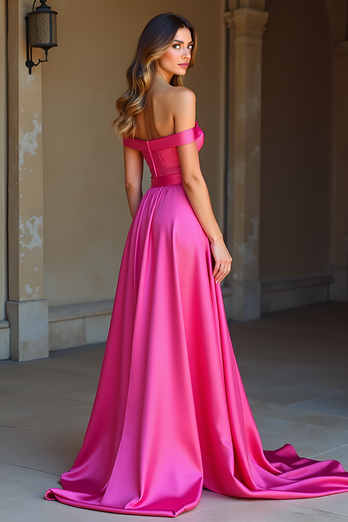 Fuchsia A Line Off the Shoulder Long Satin Prom Dress