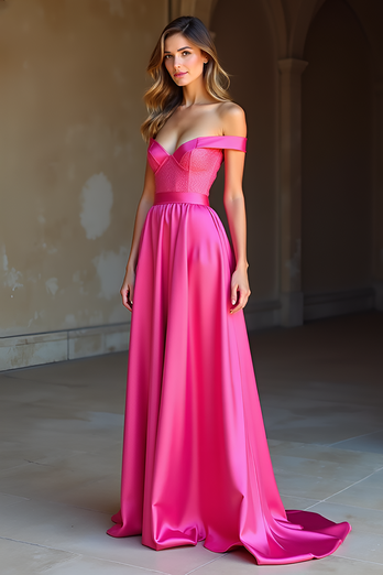 Fuchsia A Line Off the Shoulder Long Satin Prom Dress