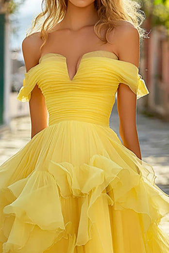 Yellow A Line Tiered Off the Shoulder Long Prom Dress