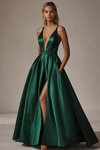 Dark Green V-Neck A Line Long Satin Prom Dress with Slit