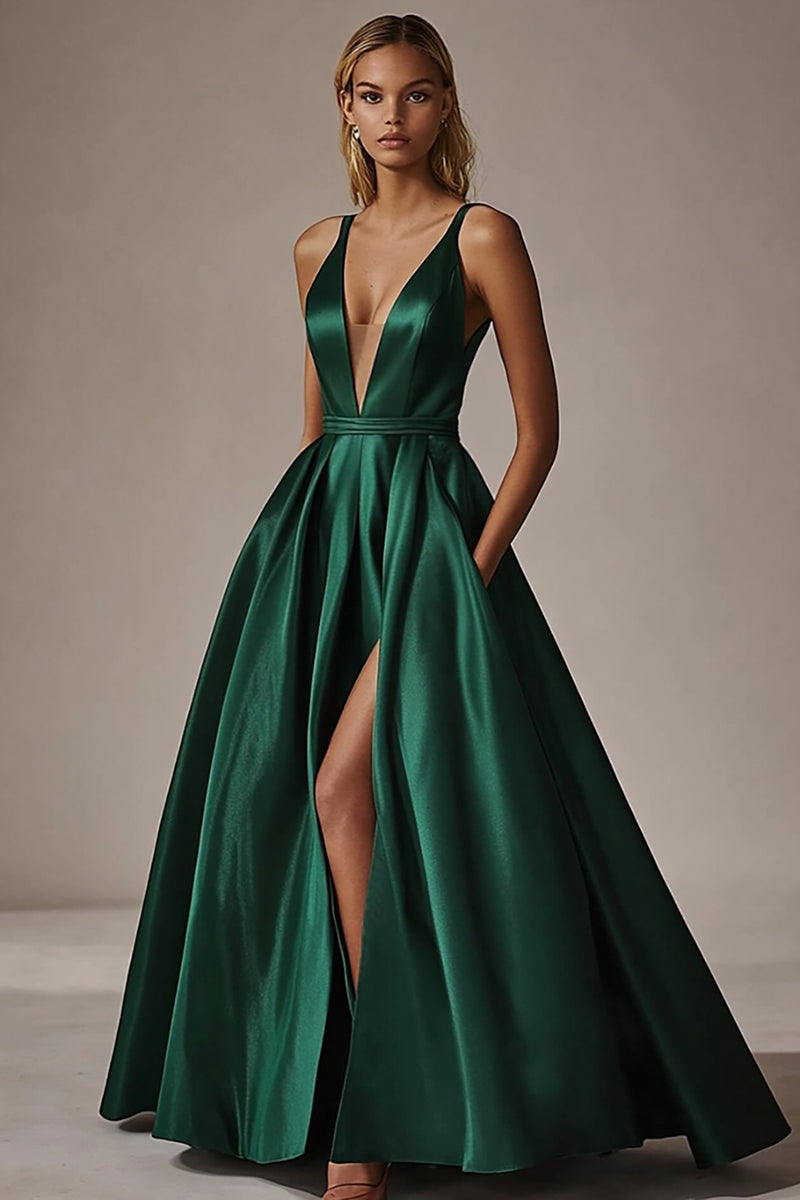 Load image into Gallery viewer, Dark Green V-Neck A Line Long Satin Prom Dress with Slit