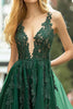 Load image into Gallery viewer, Dark Green V-Neck A Line Long Lace Prom Dress with Appliques