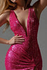 Load image into Gallery viewer, Sparkly Fuchsia Sheath Deep V-Neck Long Prom Dress with Slit