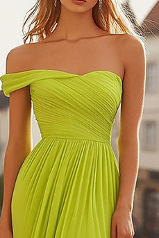 Lemon Green A-Line One Shoulder Chiffon Prom Dress with Ruches