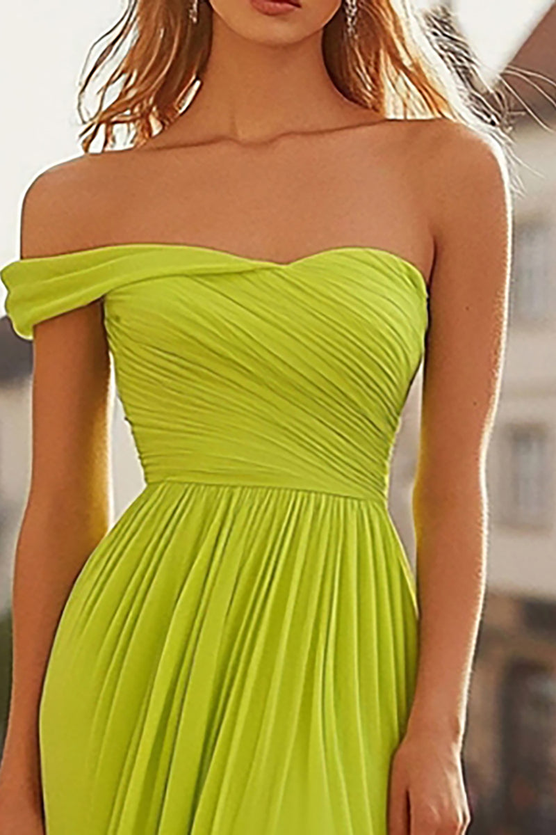 Load image into Gallery viewer, Lemon Green A-Line One Shoulder Chiffon Prom Dress with Ruches