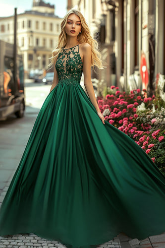 Dark Green Halter A Line Long Satin Prom Dress with Lace Appliques