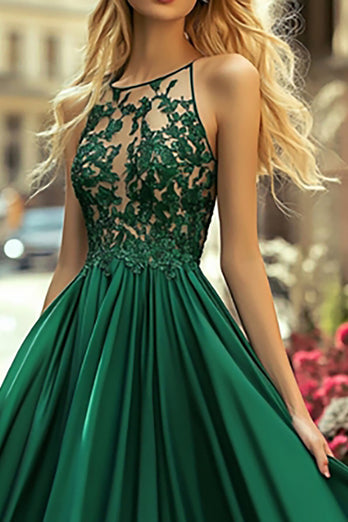 Dark Green Halter A Line Long Satin Prom Dress with Lace Appliques