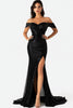 Load image into Gallery viewer, Sparkly Black Sheath Off the Shoulder Sequin Prom Dress with Slit