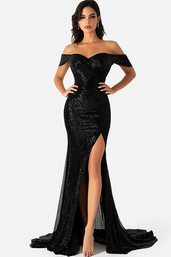 Sparkly Black Sheath Off the Shoulder Sequin Prom Dress with Slit