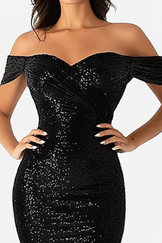 Sparkly Black Sheath Off the Shoulder Sequin Prom Dress with Slit