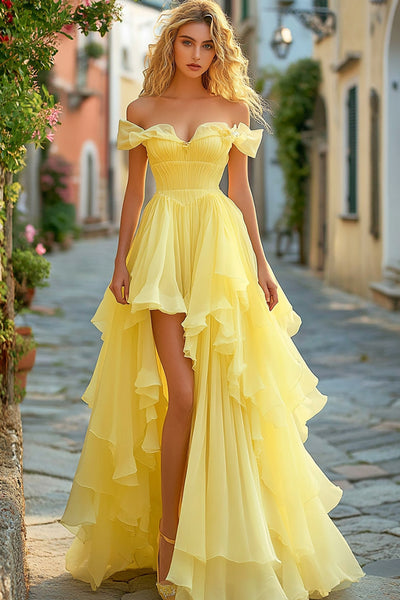 Yellow A Line Tiered Off the Shoulder Long Asymmetrical Prom Dress