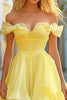 Load image into Gallery viewer, Yellow A Line Tiered Off the Shoulder Long Asymmetrical Prom Dress