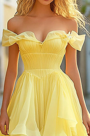 Yellow A Line Tiered Off the Shoulder Long Asymmetrical Prom Dress