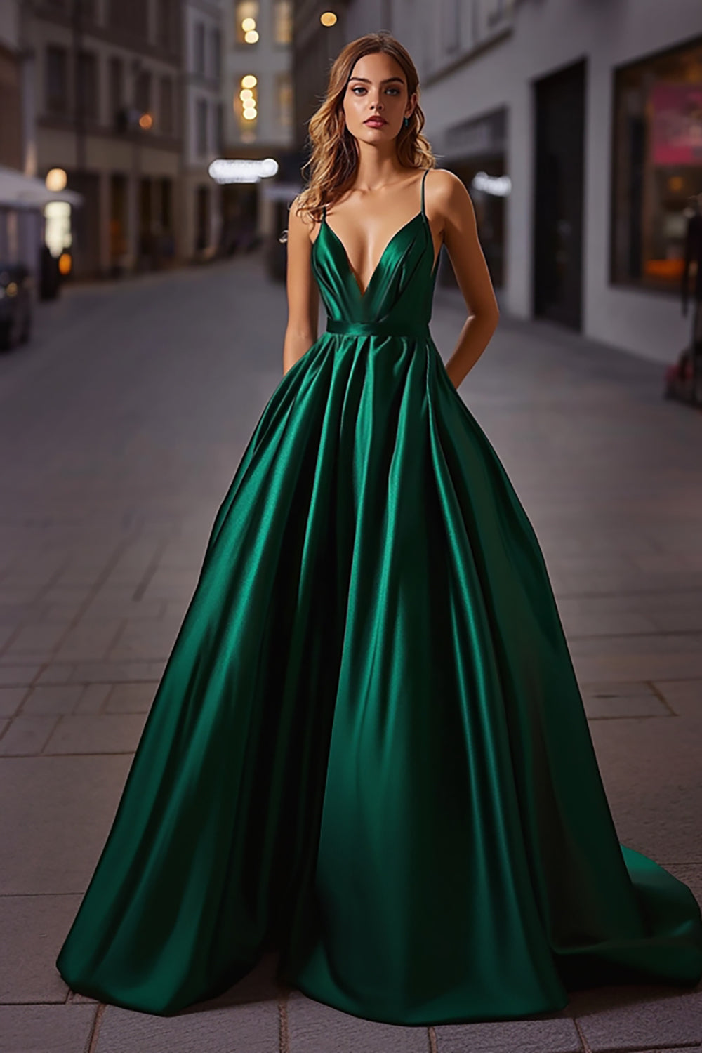 Dark Green V-Neck A Line Long Satin Prom Dress