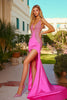 Load image into Gallery viewer, Sparkly Fuchsia Sheath Deep V-Neck Long Prom Dress with Slit