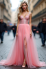 Load image into Gallery viewer, Sparkly Pink V-Neck A Line Long Tulle Prom Dress with Sequins