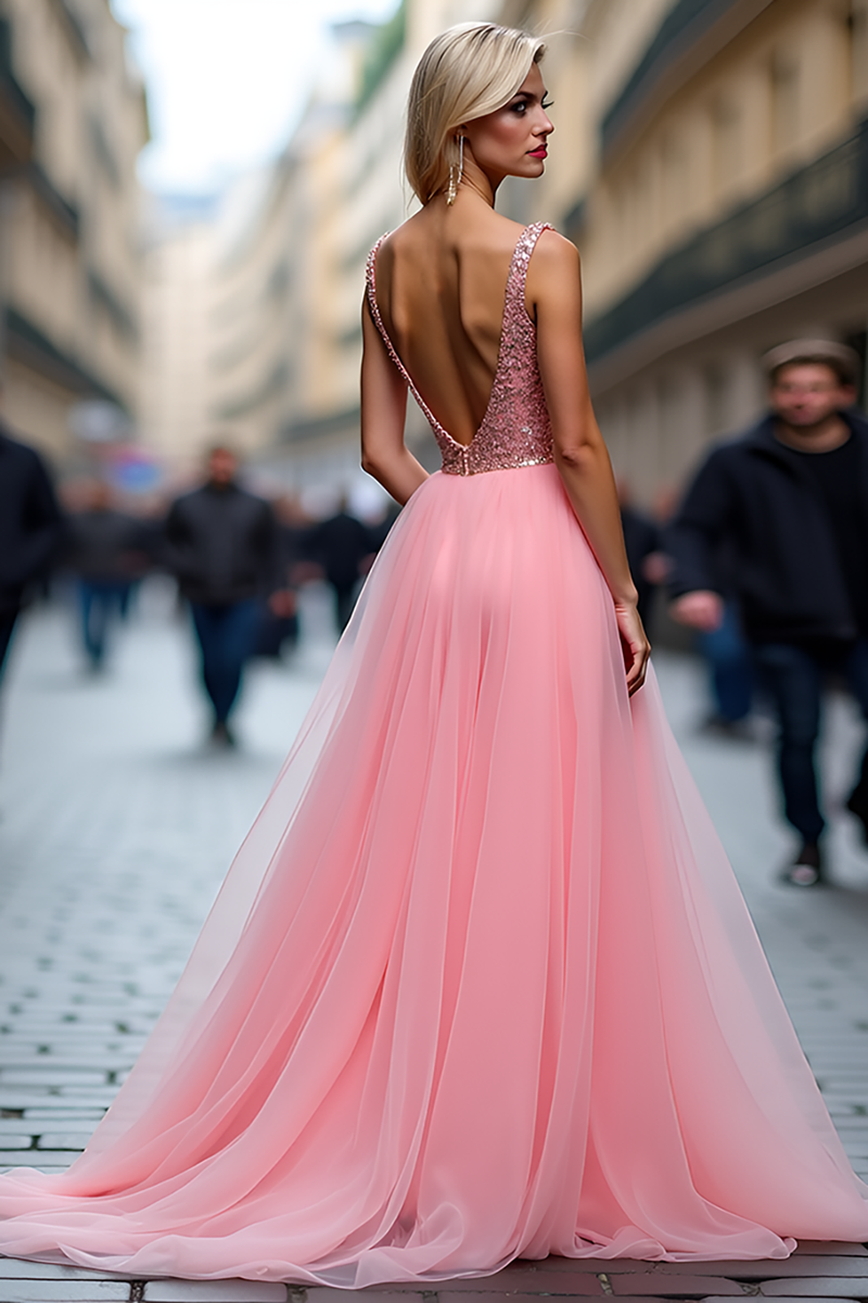 Load image into Gallery viewer, Sparkly Pink V-Neck A Line Long Tulle Prom Dress with Sequins