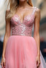 Load image into Gallery viewer, Sparkly Pink V-Neck A Line Long Tulle Prom Dress with Sequins