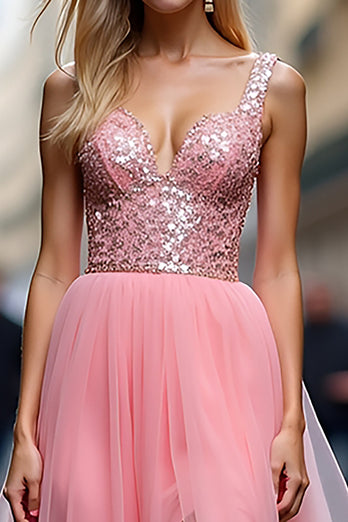 Sparkly Pink V-Neck A Line Long Tulle Prom Dress with Sequins