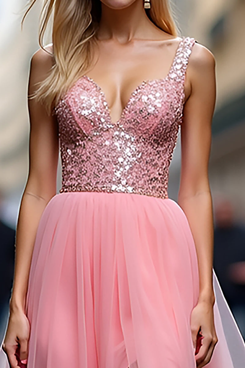 Load image into Gallery viewer, Sparkly Pink V-Neck A Line Long Tulle Prom Dress with Sequins