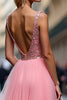 Load image into Gallery viewer, Sparkly Pink V-Neck A Line Long Tulle Prom Dress with Sequins