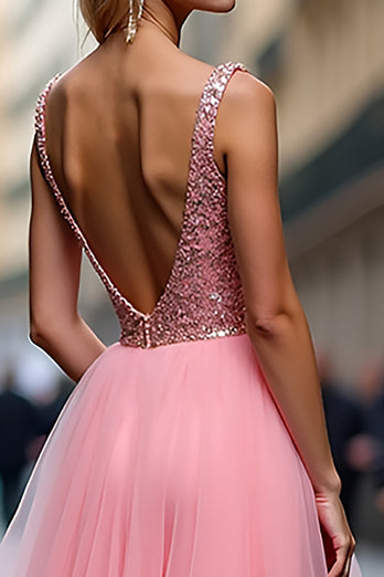 Sparkly Pink V-Neck A Line Long Tulle Prom Dress with Sequins