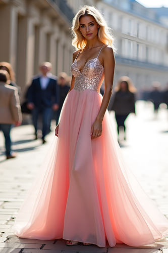 Sparkly Pink A Line Tulle Long Prom Dress with Sequins